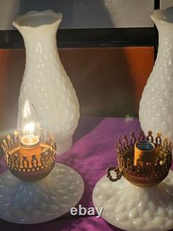 (2) Vintage 13 White Milk Glass Hobnail Parlor Lamps