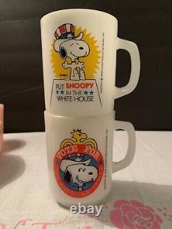 2 Vintage Anchor Hocking Snoopy President Milk Glass Mugs Fire King