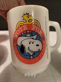 2 Vintage Anchor Hocking Snoopy President Milk Glass Mugs Fire King