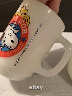 2 Vintage Anchor Hocking Snoopy President Milk Glass Mugs Fire King