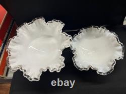 (2) Vintage Fenton Silver Crest Milk Glass Ruffled Edge pedestal Compote bowls