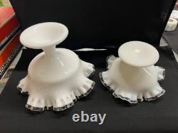 (2) Vintage Fenton Silver Crest Milk Glass Ruffled Edge pedestal Compote bowls
