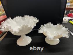 (2) Vintage Fenton Silver Crest Milk Glass Ruffled Edge pedestal Compote bowls