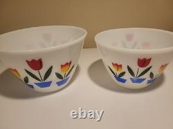 2 Vintage Fire King Tulip Mixing Bowls White Milk Glass 8.5 & 9.5 Wide Nesting