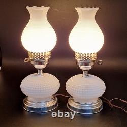 2 Vintage Hobnail Lamp White Milk Glass Hurricane Electric MCM Silver Base Metal
