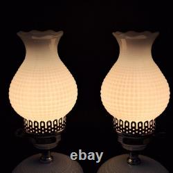 2 Vintage Hobnail Lamp White Milk Glass Hurricane Electric MCM Silver Base Metal