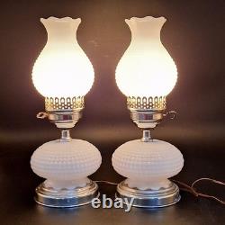 2 Vintage Hobnail Lamp White Milk Glass Hurricane Electric MCM Silver Base Metal