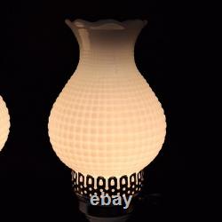 2 Vintage Hobnail Lamp White Milk Glass Hurricane Electric MCM Silver Base Metal