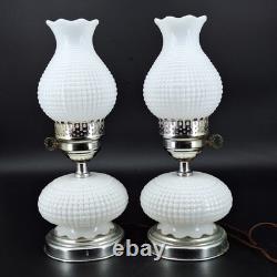 2 Vintage Hobnail Lamp White Milk Glass Hurricane Electric MCM Silver Base Metal