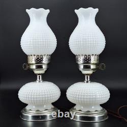 2 Vintage Hobnail Lamp White Milk Glass Hurricane Electric MCM Silver Base Metal