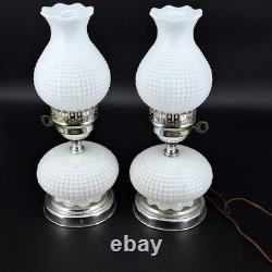 2 Vintage Hobnail Lamp White Milk Glass Hurricane Electric MCM Silver Base Metal