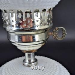 2 Vintage Hobnail Lamp White Milk Glass Hurricane Electric MCM Silver Base Metal