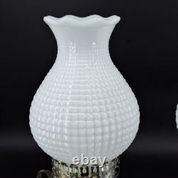 2 Vintage Hobnail Lamp White Milk Glass Hurricane Electric MCM Silver Base Metal