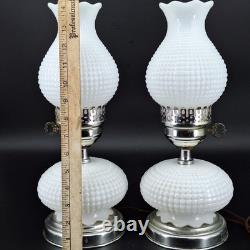 2 Vintage Hobnail Lamp White Milk Glass Hurricane Electric MCM Silver Base Metal