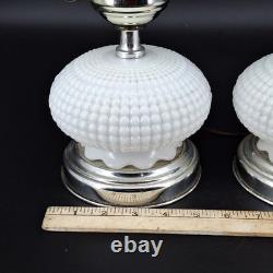 2 Vintage Hobnail Lamp White Milk Glass Hurricane Electric MCM Silver Base Metal