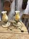 2- Vintage Milk Glass Lamps Yellow Roses Handpainted Ruffled Hobnail