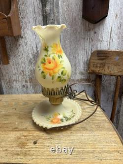 2- Vintage Milk Glass Lamps Yellow Roses Handpainted Ruffled Hobnail