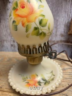 2- Vintage Milk Glass Lamps Yellow Roses Handpainted Ruffled Hobnail