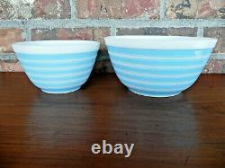 2 Vintage Pyrex Blue Rainbow Stripe Nesting Mixing Bowls USA #401 & #402