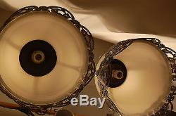 2 Vintage White Glass/ Milk Glass Pendant Lights with ornate metal frame RARE Find