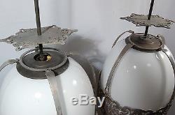 2 Vintage White Glass/ Milk Glass Pendant Lights with ornate metal frame RARE Find
