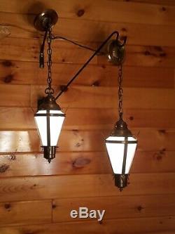 2 Vtg Gothic, Tudor Hanging Light Fixtures Chandeliers with Milk Glass Panels