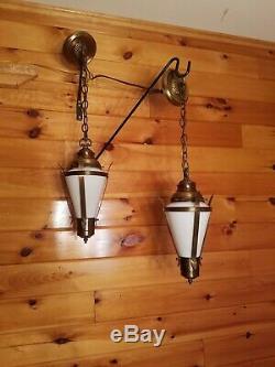 2 Vtg Gothic, Tudor Hanging Light Fixtures Chandeliers with Milk Glass Panels