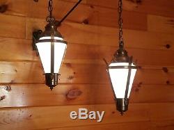 2 Vtg Gothic, Tudor Hanging Light Fixtures Chandeliers with Milk Glass Panels