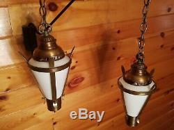 2 Vtg Gothic, Tudor Hanging Light Fixtures Chandeliers with Milk Glass Panels