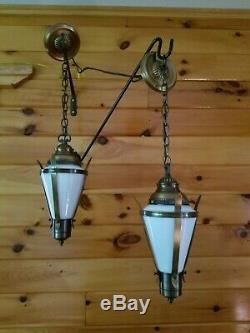 2 Vtg Gothic, Tudor Hanging Light Fixtures Chandeliers with Milk Glass Panels