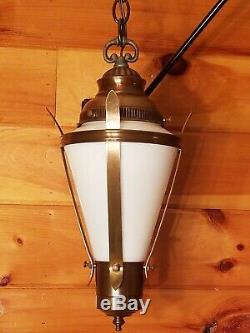 2 Vtg Gothic, Tudor Hanging Light Fixtures Chandeliers with Milk Glass Panels