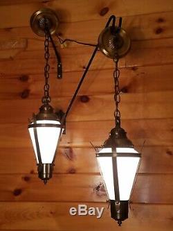 2 Vtg Gothic, Tudor Hanging Light Fixtures Chandeliers with Milk Glass Panels