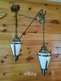 2 Vtg Gothic, Tudor Hanging Light Fixtures Chandeliers with Milk Glass Panels