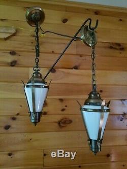 2 Vtg Gothic, Tudor Hanging Light Fixtures Chandeliers with Milk Glass Panels