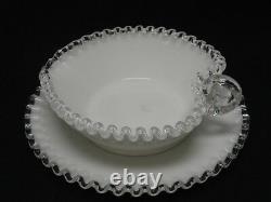 2 pcs VINTAGE RUFFLED CLEAR EDGE RIM FENTON MILK GLASS RELISH BOWL & UNDERPLATE