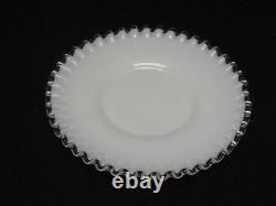 2 pcs VINTAGE RUFFLED CLEAR EDGE RIM FENTON MILK GLASS RELISH BOWL & UNDERPLATE