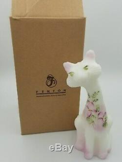 2008 Fenton Hand Painted Milk Glass Floral Alley Cat Statue LIMITED EDITION