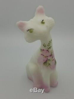 2008 Fenton Hand Painted Milk Glass Floral Alley Cat Statue LIMITED EDITION