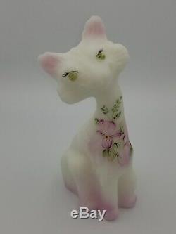 2008 Fenton Hand Painted Milk Glass Floral Alley Cat Statue LIMITED EDITION