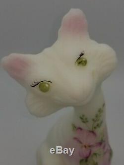 2008 Fenton Hand Painted Milk Glass Floral Alley Cat Statue LIMITED EDITION