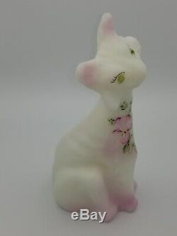 2008 Fenton Hand Painted Milk Glass Floral Alley Cat Statue LIMITED EDITION