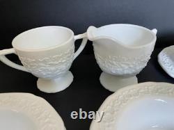 22pc. Indiana Glass Orange Blossom milk glass cups, saucers, bowls cream & sugar