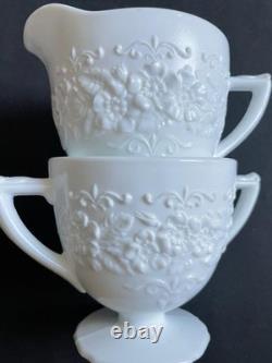 22pc. Indiana Glass Orange Blossom milk glass cups, saucers, bowls cream & sugar