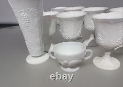 29 piece White Milk Glass Grapevine Goblet, Compote, Creamer, Sugar Bowl Set