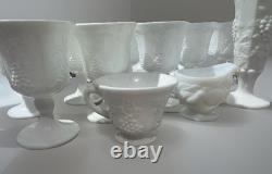 29 piece White Milk Glass Grapevine Goblet, Compote, Creamer, Sugar Bowl Set