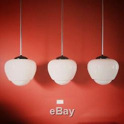 3 Large Vintage Czech School White Glass Pendant Lights Opaline Milk Glass Globe