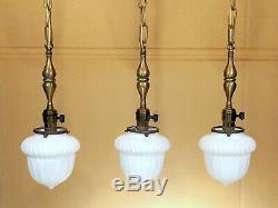 3 MATCHING Antique Victorian Satin Milk Glass Globe Brass Ceiling Pendant Lights