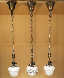 3 MATCHING Antique Victorian Satin Milk Glass Globe Brass Ceiling Pendant Lights