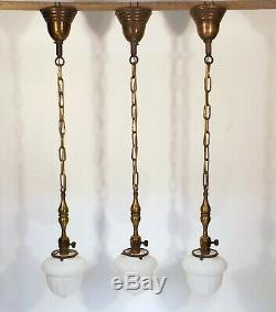 3 MATCHING Antique Victorian Satin Milk Glass Globe Brass Ceiling Pendant Lights