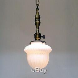 3 MATCHING Antique Victorian Satin Milk Glass Globe Brass Ceiling Pendant Lights